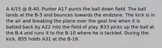 A 4/15 @ B-40. Punter A17 punts the ball down field. The ball lands at the B-5 and bounces towards the endzone. The kick is in the air and breaking the plane over the goal line when it is batted back by A22 into the field of play. B33 picks up the ball at the B-4 and runs it to the B-10 where he is tackled. During the kick, B55 holds A31 at the B-16.