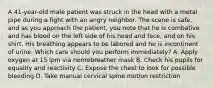 A​ 41-year-old male patient was struck in the head with a metal pipe during a fight with an angry neighbor. The scene is​ safe, and as you approach the​ patient, you note that he is combative and has blood on the left side of his head and​ face, and on his shirt. His breathing appears to be labored and he is incontinent of urine. Which care should you perform​ immediately? A. Apply oxygen at 15 lpm via nonrebreather mask B. Check his pupils for equality and reactivity C. Expose the chest to look for possible bleeding D. Take manual cervical spine motion restriction