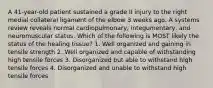 A 41-year-old patient sustained a grade II injury to the right medial collateral ligament of the elbow 3 weeks ago. A systems review reveals normal cardiopulmonary, integumentary, and neuromuscular status. Which of the following is MOST likely the status of the healing tissue? 1. Well organized and gaining in tensile strength 2. Well organized and capable of withstanding high tensile forces 3. Disorganized but able to withstand high tensile forces 4. Disorganized and unable to withstand high tensile forces