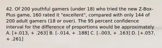 42. Of 200 youthful gamers (under 18) who tried the new Z-Box-Plus game, 160 rated it "excellent", compared with only 144 of 200 adult gamers (18 or over). The 95 percent confidence interval for the difference of proportions would be approximately A. [+.013, + .263] B. [-.014, + .188] C. [-.003, + .163] D. [+.057, + .261]