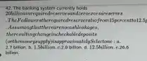 42. The banking system currently holds 20 billion in required reserves and zero excess reserves. The Fed lowers the required reserve ratio from 15 percent to 12.5 percent. Assuming that there are no cash leakages, the resulting change in checkable deposits (or the money supply) is approximately Select one: a.2.7 billion. b. 1.5 billion. c.2.0 billion. d. 12.5 billion. e.26.6 billion.