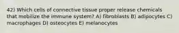 42) Which cells of connective tissue proper release chemicals that mobilize the immune system? A) fibroblasts B) adipocytes C) macrophages D) osteocytes E) melanocytes