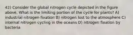 42) Consider the global nitrogen cycle depicted in the figure above. What is the limiting portion of the cycle for plants? A) industrial nitrogen fixation B) nitrogen lost to the atmosphere C) internal nitrogen cycling in the oceans D) nitrogen fixation by bacteria