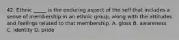 42. Ethnic _____ is the enduring aspect of the self that includes a sense of membership in an ethnic group, along with the attitudes and feelings related to that membership. A. gloss B. awareness C. identity D. pride