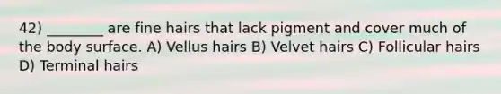 42) ________ are fine hairs that lack pigment and cover much of the body surface. A) Vellus hairs B) Velvet hairs C) Follicular hairs D) Terminal hairs