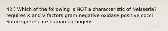 42.) Which of the following is NOT a characteristic of Neisseria? requires X and V factors gram-negative oxidase-positive cocci Some species are human pathogens.