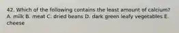 42. Which of the following contains the least amount of calcium? A. milk B. meat C. dried beans D. dark green leafy vegetables E. cheese