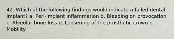 42. Which of the following findings would indicate a failed dental implant? a. Peri-implant inflammation b. Bleeding on provocation c. Alveolar bone loss d. Loosening of the prosthetic crown e. Mobility