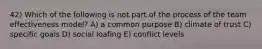 42) Which of the following is not part of the process of the team effectiveness model? A) a common purpose B) climate of trust C) specific goals D) social loafing E) conflict levels