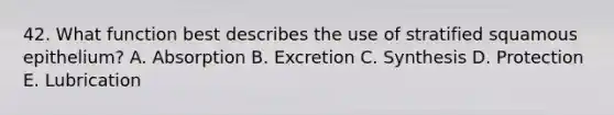 42. What function best describes the use of stratified squamous epithelium? A. Absorption B. Excretion C. Synthesis D. Protection E. Lubrication