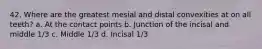42. Where are the greatest mesial and distal convexities at on all teeth? a. At the contact points b. Junction of the incisal and middle 1/3 c. Middle 1/3 d. Incisal 1/3