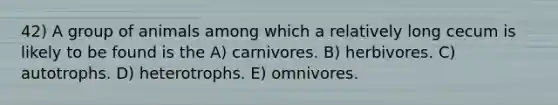 42) A group of animals among which a relatively long cecum is likely to be found is the A) carnivores. B) herbivores. C) autotrophs. D) heterotrophs. E) omnivores.