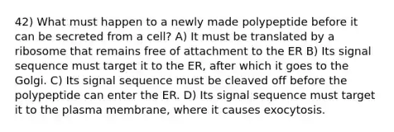 42) What must happen to a newly made polypeptide before it can be secreted from a cell? A) It must be translated by a ribosome that remains free of attachment to the ER B) Its signal sequence must target it to the ER, after which it goes to the Golgi. C) Its signal sequence must be cleaved off before the polypeptide can enter the ER. D) Its signal sequence must target it to the plasma membrane, where it causes exocytosis.