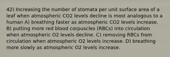 42) Increasing the number of stomata per unit surface area of a leaf when atmospheric CO2 levels decline is most analogous to a human A) breathing faster as atmospheric CO2 levels increase. B) putting more red blood corpuscles (RBCs) into circulation when atmospheric O2 levels decline. C) removing RBCs from circulation when atmospheric O2 levels increase. D) breathing more slowly as atmospheric O2 levels increase.