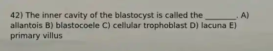 42) The inner cavity of the blastocyst is called the ________. A) allantois B) blastocoele C) cellular trophoblast D) lacuna E) primary villus