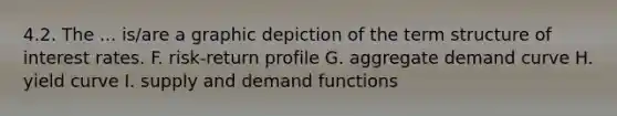 4.2. The ... is/are a graphic depiction of the term structure of interest rates. F. risk-return profile G. aggregate demand curve H. yield curve I. supply and demand functions