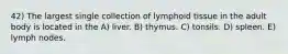 42) The largest single collection of lymphoid tissue in the adult body is located in the A) liver. B) thymus. C) tonsils. D) spleen. E) lymph nodes.