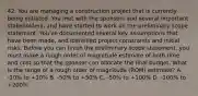 42. You are managing a construction project that is currently being initiated. You met with the sponsors and several important stakeholders, and have started to work on the preliminary scope statement. You've documented several key assumptions that have been made, and identified project constraints and initial risks. Before you can finish the preliminary scope statement, you must make a rough order of magnitude estimate of both time and cost so that the sponsor can allocate the final budget. What is the range of a rough order of magnitude (ROM) estimate? A. -10% to +10% B. -50% to +50% C. -50% to +100% D. -100% to +200%