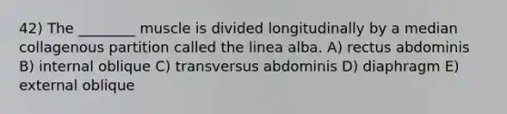 42) The ________ muscle is divided longitudinally by a median collagenous partition called the linea alba. A) rectus abdominis B) internal oblique C) transversus abdominis D) diaphragm E) external oblique