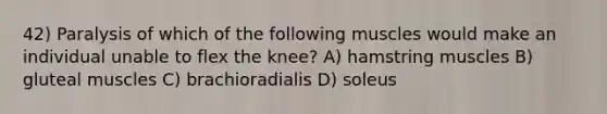 42) Paralysis of which of the following muscles would make an individual unable to flex the knee? A) hamstring muscles B) gluteal muscles C) brachioradialis D) soleus