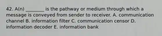 42. A(n) ________ is the pathway or medium through which a message is conveyed from sender to receiver. A. communication channel B. information filter C. communication censor D. information decoder E. information bank