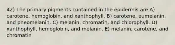 42) The primary pigments contained in the epidermis are A) carotene, hemoglobin, and xanthophyll. B) carotene, eumelanin, and pheomelanin. C) melanin, chromatin, and chlorophyll. D) xanthophyll, hemoglobin, and melanin. E) melanin, carotene, and chromatin