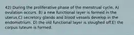 42) During the proliferative phase of the menstrual cycle, A) ovulation occurs. B) a new functional layer is formed in the uterus.C) secretory glands and blood vessels develop in the endometrium. D) the old functional layer is sloughed off.E) the corpus luteum is formed.