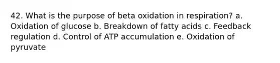 42. What is the purpose of beta oxidation in respiration? a. Oxidation of glucose b. Breakdown of fatty acids c. Feedback regulation d. Control of ATP accumulation e. Oxidation of pyruvate