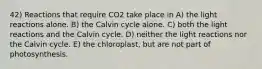 42) Reactions that require CO2 take place in A) the light reactions alone. B) the Calvin cycle alone. C) both the light reactions and the Calvin cycle. D) neither the light reactions nor the Calvin cycle. E) the chloroplast, but are not part of photosynthesis.