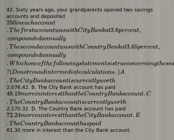 42. Sixty years ago, your grandparents opened two savings accounts and deposited 250 in each account. The first account was with City Bank at 3.6 percent, compounded annually. The second account was with Country Bank at 3.65 percent, compounded annually. Which one of the following statements is true concerning these accounts? (Do not round intermediate calculations.) A. The City Bank account is currently worth2,076.42. B. The City Bank account has paid 48.19 more in interest than the Country Bank account. C. The Country Bank account is currently worth2,170.32. D. The Country Bank account has paid 72.24 more in interest than the City Bank account. E. The Country Bank account has paid61.30 more in interest than the City Bank account.