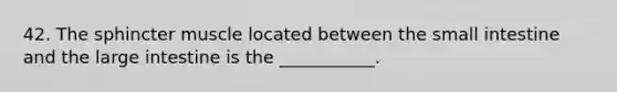 42. The sphincter muscle located between <a href='https://www.questionai.com/knowledge/kt623fh5xn-the-small-intestine' class='anchor-knowledge'>the small intestine</a> and the <a href='https://www.questionai.com/knowledge/kGQjby07OK-large-intestine' class='anchor-knowledge'>large intestine</a> is the ___________.