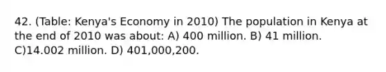 42. (Table: Kenya's Economy in 2010) The population in Kenya at the end of 2010 was about: A) 400 million. B) 41 million. C)14.002 million. D) 401,000,200.