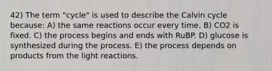 42) The term "cycle" is used to describe the Calvin cycle because: A) the same reactions occur every time. B) CO2 is fixed. C) the process begins and ends with RuBP. D) glucose is synthesized during the process. E) the process depends on products from the light reactions.