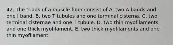 42. The triads of a muscle fiber consist of A. two A bands and one I band. B. two T tubules and one terminal cisterna. C. two terminal cisternae and one T tubule. D. two thin myofilaments and one thick myofilament. E. two thick myofilaments and one thin myofilament.