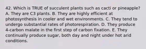 42. Which is TRUE of succulent plants such as cacti or pineapple? A. They are C3 plants. B. They are highly efficient at photosynthesis in cooler and wet environments. C. They tend to undergo substantial rates of photorespiration. D. They produce 4-carbon malate in the first step of carbon fixation. E. They continually produce sugar, both day and night under hot arid conditions.