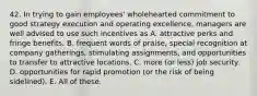 42. In trying to gain employees' wholehearted commitment to good strategy execution and operating excellence, managers are well advised to use such incentives as A. attractive perks and fringe benefits. B. frequent words of praise, special recognition at company gatherings, stimulating assignments, and opportunities to transfer to attractive locations. C. more (or less) job security. D. opportunities for rapid promotion (or the risk of being sidelined). E. All of these.