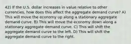 42) If the U.S. dollar increases in value relative to other currencies, how does this affect the aggregate demand curve? A) This will move the economy up along a stationary aggregate demand curve. B) This will move the economy down along a stationary aggregate demand curve. C) This will shift the aggregate demand curve to the left. D) This will shift the aggregate demand curve to the right.