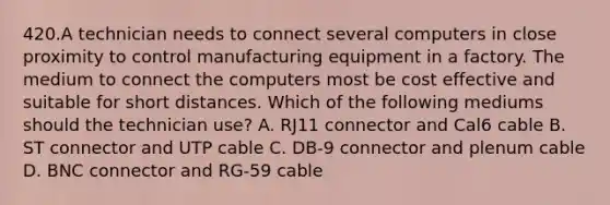 420.A technician needs to connect several computers in close proximity to control manufacturing equipment in a factory. The medium to connect the computers most be cost effective and suitable for short distances. Which of the following mediums should the technician use? A. RJ11 connector and Cal6 cable B. ST connector and UTP cable C. DB-9 connector and plenum cable D. BNC connector and RG-59 cable