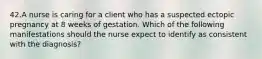 42.A nurse is caring for a client who has a suspected ectopic pregnancy at 8 weeks of gestation. Which of the following manifestations should the nurse expect to identify as consistent with the diagnosis?