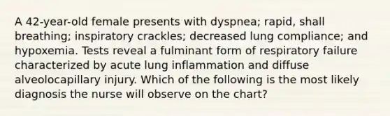 A 42-year-old female presents with dyspnea; rapid, shall breathing; inspiratory crackles; decreased lung compliance; and hypoxemia. Tests reveal a fulminant form of respiratory failure characterized by acute lung inflammation and diffuse alveolocapillary injury. Which of the following is the most likely diagnosis the nurse will observe on the chart?