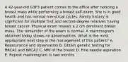 A 42-year-old G3P3 patient comes to the office after noticing a breast mass while performing a breast self-exam. She is in good health and has normal menstrual cycles. Family history is significant for multiple first and second-degree relatives having breast cancer. Physical exam reveals a 2 cm dominant breast mass. The remainder of the exam is normal. A mammogram obtained today shows no abnormalities. What is the most appropriate next step in the management of this patient? A. Reassurance and observation B. Obtain genetic testing for BRCA1 and BRCA2 C. MRI of the breast D. Fine needle aspiration E. Repeat mammogram in two months