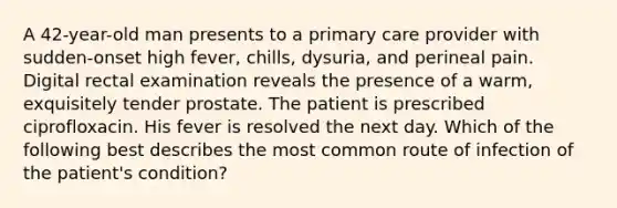 A 42-year-old man presents to a primary care provider with sudden-onset high fever, chills, dysuria, and perineal pain. Digital rectal examination reveals the presence of a warm, exquisitely tender prostate. The patient is prescribed ciprofloxacin. His fever is resolved the next day. Which of the following best describes the most common route of infection of the patient's condition?