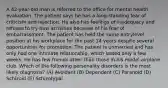 A 42-year-old man is referred to the office for mental health evaluation. The patient says he has a long-standing fear of criticism and rejection. He also has feelings of inadequacy and refuses to try new activities because of his fear of embarrassment. The patient has held the same entrylevel position at his workplace for the past 14 years despite several opportunities for promotion. The patient is unmarried and has only had one intimate relationship, which lasted only a few weeks. He has few friends other than those in his model airplane club. Which of the following personality disorders is the most likely diagnosis? (A) Avoidant (B) Dependent (C) Paranoid (D) Schizoid (E) Schizotypal