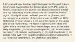 A 42-year-old man has had right flank pain for the past 2 days. On physical examination, his temperature is 37.4°C, pulse is 70/min, respirations are 14/min, and blood pressure is 130/85 mm Hg. Laboratory studies show a serum creatinine level of 1.1 mg/dL. Urinalysis shows no blood, protein, or glucose, and microscopic examination of the urine shows no WBCs or RBCs. Abdominal CT scan shows a 7-cm eccentric lesion of the upper pole of the right kidney. The lesion is well circumscribed and cystic with a thin wall and focal hemorrhage. What is the most likely diagnosis? □ (A) Acute pyelonephritis □ (B) Acute tubular necrosis □ (C) Diabetic nephropathy □ (D) Hydronephrosis □ (E) Simple renal cyst □ (F) Rapidly progressive glomerulonephritis □ (G) Renal cell carcinoma □ (H) Urothelial carcinoma