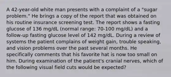 A 42-year-old white man presents with a complaint of a "sugar problem." He brings a copy of the report that was obtained on his routine insurance screening test. The report shows a fasting glucose of 136 mg/dL (normal range: 70-100 mg/dL) and a follow-up fasting glucose level of 142 mg/dL. During a review of systems the patient complains of weight gain, trouble speaking, and vision problems over the past several months. He specifically comments that his favorite hat is now too small on him. During examination of the patient's cranial nerves, which of the following visual field cuts would be expected?