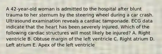 A 42-year-old woman is admitted to the hospital after blunt trauma to her sternum by the steering wheel during a car crash. Ultrasound examination reveals a cardiac tamponade. ECG data indicate that the heart has been severely injured. Which of the following cardiac structures will most likely be injured? A. Right ventricle B. Obtuse margin of the left ventricle C. Right atrium D. Left atrium E. Apex of the left ventricle