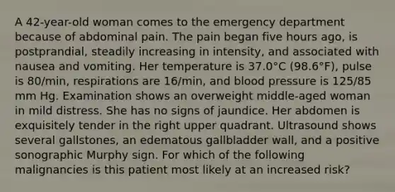 A 42-year-old woman comes to the emergency department because of abdominal pain. The pain began five hours ago, is postprandial, steadily increasing in intensity, and associated with nausea and vomiting. Her temperature is 37.0°C (98.6°F), pulse is 80/min, respirations are 16/min, and blood pressure is 125/85 mm Hg. Examination shows an overweight middle-aged woman in mild distress. She has no signs of jaundice. Her abdomen is exquisitely tender in the right upper quadrant. Ultrasound shows several gallstones, an edematous gallbladder wall, and a positive sonographic Murphy sign. For which of the following malignancies is this patient most likely at an increased risk?