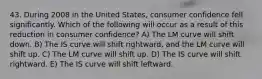 43. During 2008 in the United​ States, consumer confidence fell significantly. Which of the following will occur as a result of this reduction in consumer​ confidence? A) The LM curve will shift down. B) The IS curve will shift​ rightward, and the LM curve will shift up. C) The LM curve will shift up. D) The IS curve will shift rightward. E) The IS curve will shift leftward.