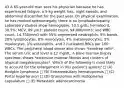 43 A 65-year-old man sees his physician because he has experienced fatigue, a 5-kg weight loss, night sweats, and abdominal discomfort for the past year. On physical examination, he has marked splenomegaly; there is no lymphadenopathy. Laboratory studies show hemoglobin, 10.1 g/dL; hematocrit, 30.5%; MCV, 89 µm3; platelet count, 94,000/mm3; and WBC count, 14,750/mm3 with 55% segmented neutrophils, 9% bands, 20% lymphocytes, 8% monocytes, 4% metamyelocytes, 3% myelocytes, 1% eosinophils, and 2 nucleated RBCs per 100 WBCs. The peripheral blood smear also shows *teardrop cells*. The serum uric acid level is 12 mg/dL. A bone marrow biopsy specimen shows *extensive marrow fibrosis and clusters of atypical megakaryocytes*. Which of the following is most likely to account for the enlargement in this patient's spleen? □ (A) Hodgkin lymphoma □ (B) Extramedullary hematopoiesis □ (C) Portal hypertension □ (D) Granulomas with Histoplasma capsulatum □ (E) Metastatic adenocarcinoma