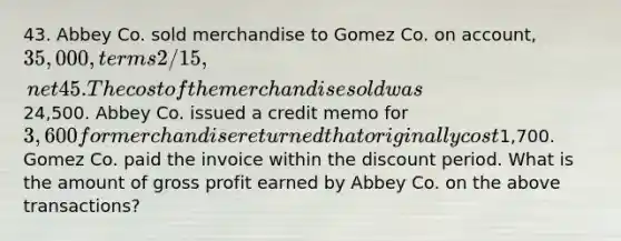 43. Abbey Co. sold merchandise to Gomez Co. on account, 35,000, terms 2/15, net 45. The cost of the merchandise sold was24,500. Abbey Co. issued a credit memo for 3,600 for merchandise returned that originally cost1,700. Gomez Co. paid the invoice within the discount period. What is the amount of gross profit earned by Abbey Co. on the above transactions?